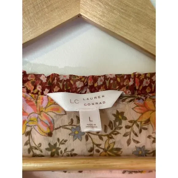 Lauren Conrad Size Large Pink Orange Floral Boho Blouse Long Sleeve Lagenlook - Picture 3 of 4